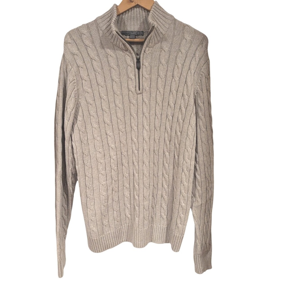 Old Navy Mens Cable Knit 1/4 Zip fisherman Pullover Sweater Beige Long Sleeve